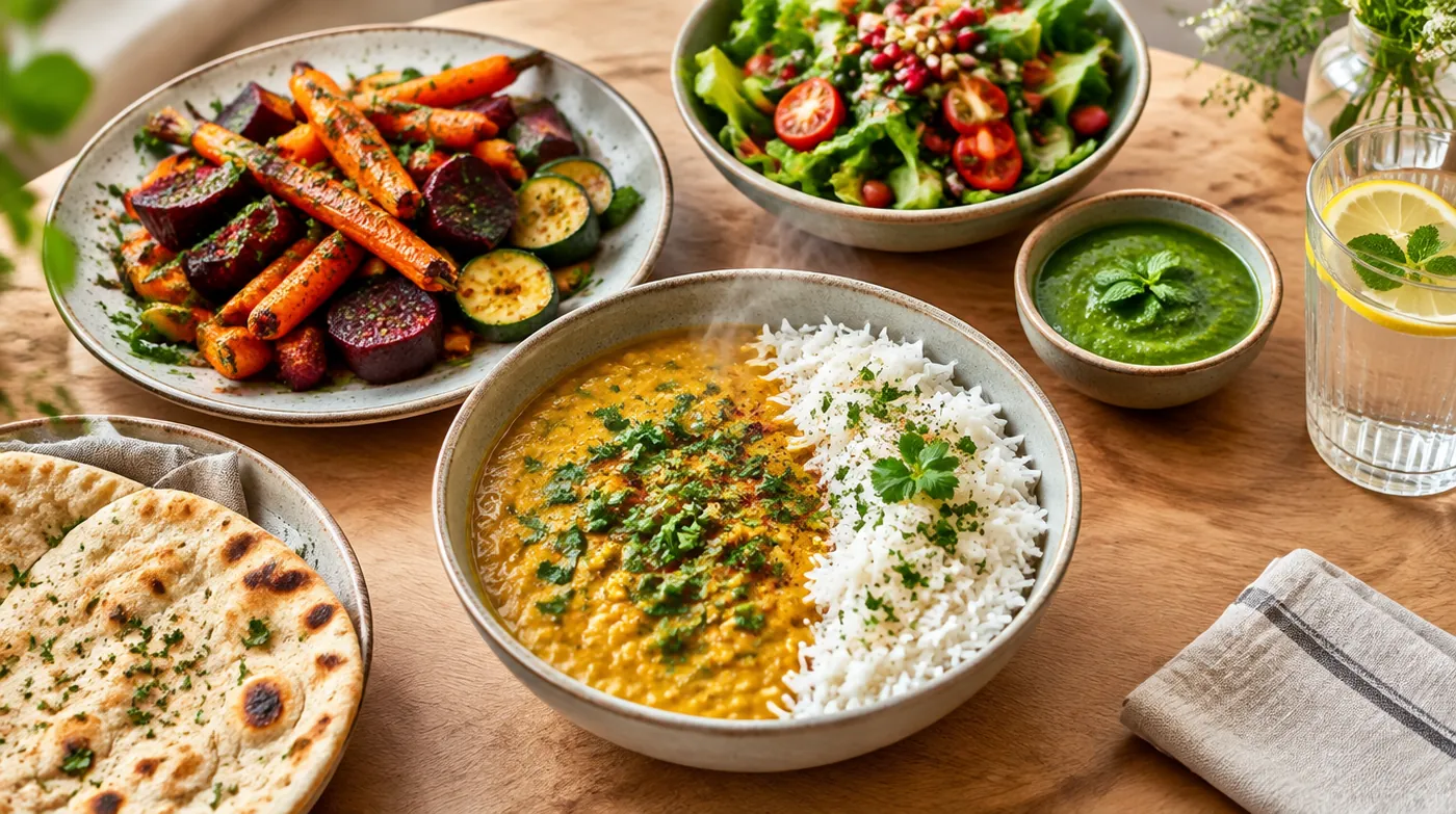 Frisches vegetarisches Mittagessen: Dal, Reis, Ofengemüse und Salat